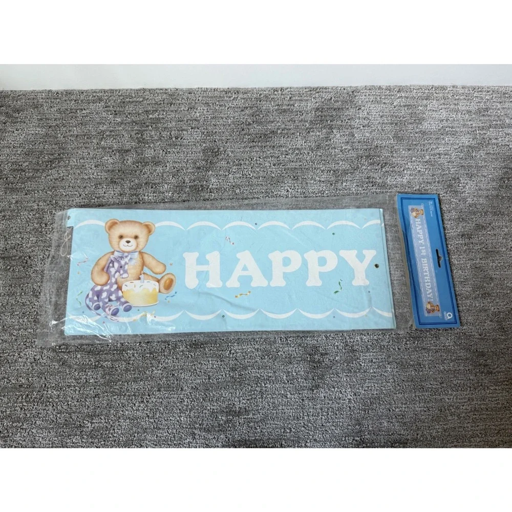 Vintage Happy 1st Birthday Teddy Bear Banner 4.5ft Blue Party Decor 12513